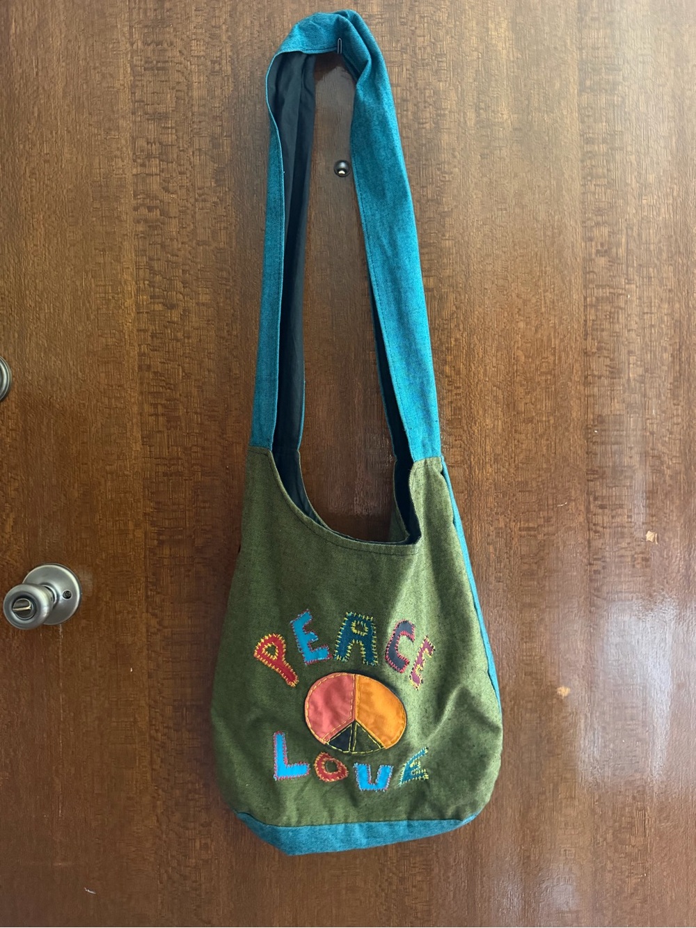 Green Peace & Love Canvas Shoulder Bag with Teal Strap